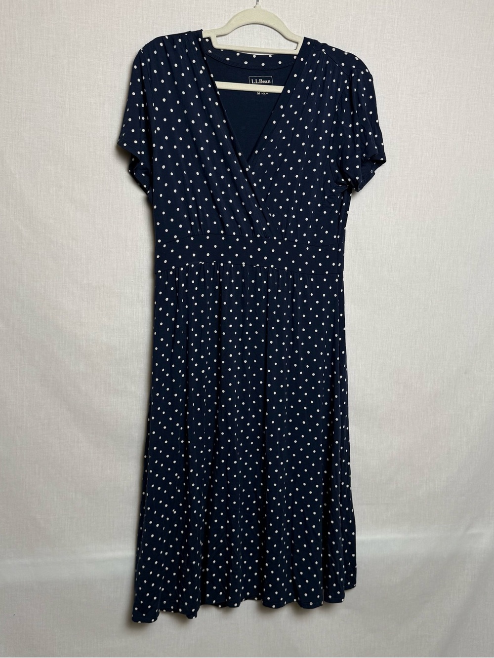 L.L.Bean Womens M Regular Navy Blue White Polka Dot Midi Dress V Neck Stretch